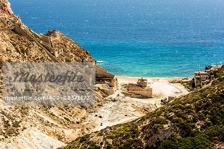 Beach near abandoned sulphur mines at Milos island, Cyclades, Greece