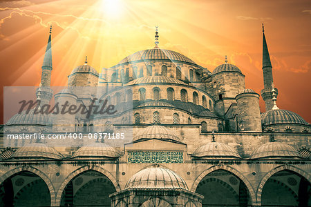 Fantastic view of Blue Mosque with sun and amazing sunbeams, Istanbul, Turkey