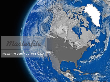 Illustration of north american continent on political globe with atmospheric features and clouds