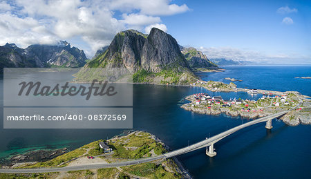 Scenic aerial panorama of fishing village Hamnoya on Lofoten islands in Norway, famous for its beautiful scenery
