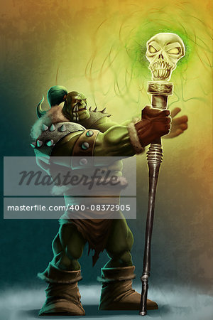 a strong shaman orc with his magical staff