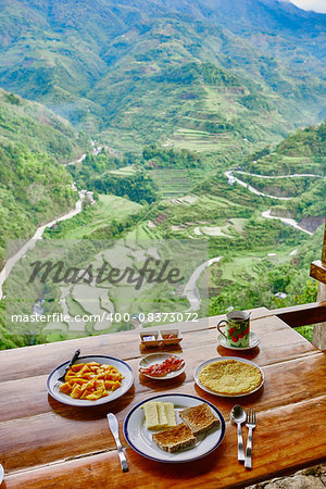 Breakfast rice paddy terrace fields between banaue and batad infugao Luzon in Philippines