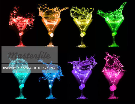 Set of colorful Bright cocktails in glasses on black background