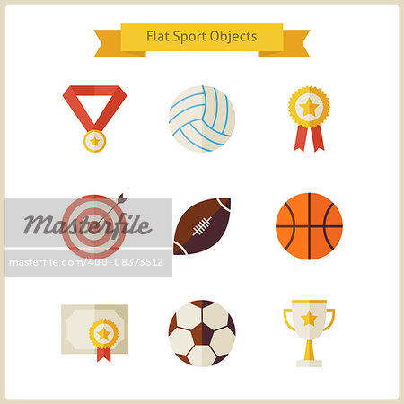 Flat Sport and Competition Winning Objects Set. Sports and Activities. Success Leader and Winner. First place. Collection of Back to School Objects isolated over white. Healthy Lifestyle.