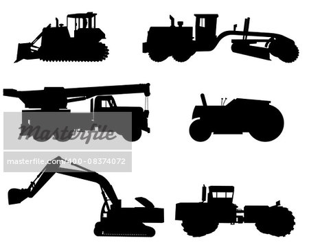 Vector illustration of a six construction machinery silhouettes