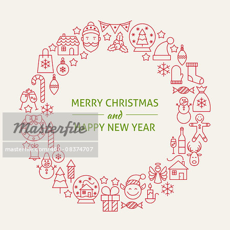 Christmas New Year Holiday Line Art Icons Set Circle. Vector Illustration of Decoration and Festival Cold Celebration Objects. Winter Holiday Items.