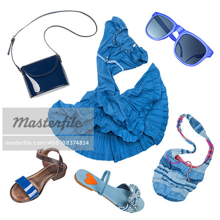 Lady fashion set of summer outfit blue color isolated