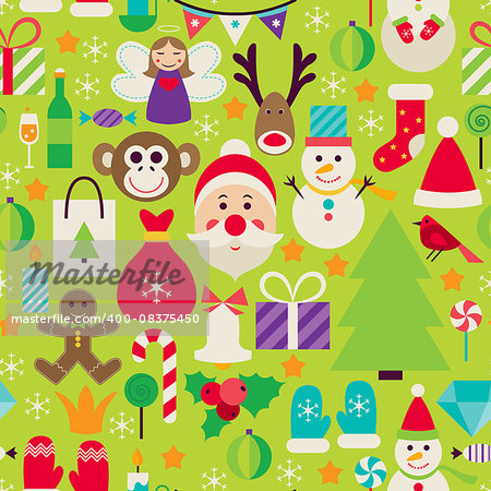 Happy New Year Green Seamless Pattern. Merry Christmas Flat Design Vector Illustration. Tile Background. Set of Winter Holiday Items.