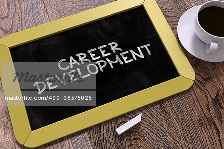 Hand Drawn Career Development Concept  on Small Yellow Chalkboard. Business Background. Top View.