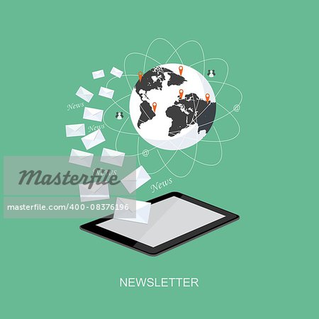 Flat design modern vector illustration concept of news online, e-mail marketing, management, analytics with tablet and globe - eps10