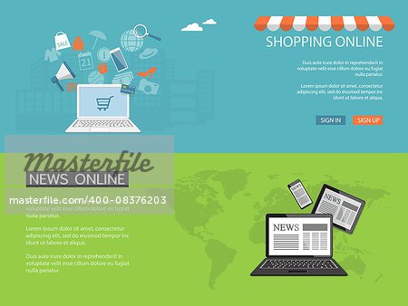 Flat design modern vector illustration concept of news, shopping online, e-mail marketing, management with laptop - eps10