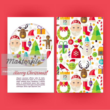 Vector Merry Christmas Banners Set Template. Flat Style Vector Illustration of Brand Identity for Happy New Year Promotion. Colorful Pattern for Advertising.