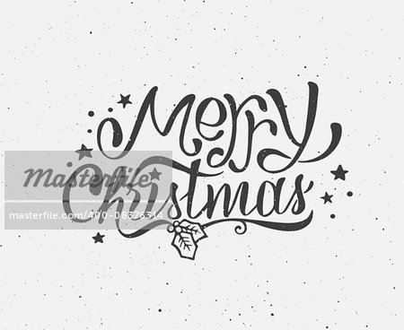 Vintage Merry Christmas greeting card with hand-drawn typography on white grunge paper texture. Black and white retro letterpress poster for Christmas. Vector background. Winter holidays greetings