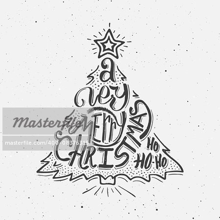 Vintage Merry Christmas greeting card with hand-drawn typography on white grunge paper texture, Black and white retro letterpress poster for Christmas. Vector background. Doodle Christmas tree.