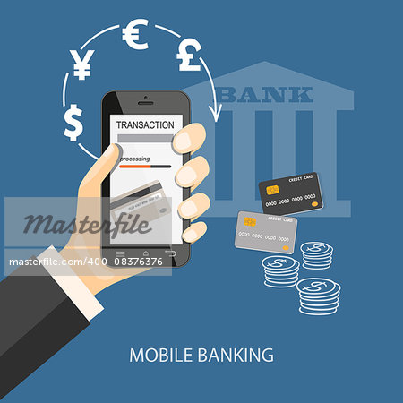 Flat design modern vector illustration concept of mobile banking, business investment, internet banking with mobile phone in the hand. EPS 10