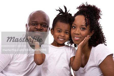 casual young black family on white isolated background