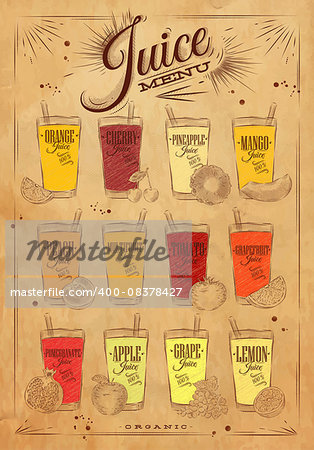 Poster juice menu with glasses of different juices drawing on kraft background