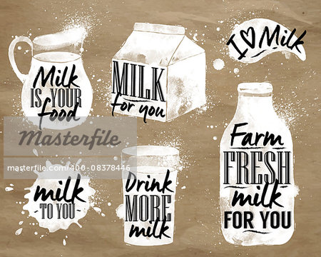 Milk symbolic drawing milk with drops and sprays lettering, milk for you, drink more milk, I love milk, farm fresh milk for you on kraft paper