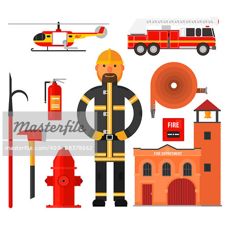 Firefighting character fire helicopter hose fire station Flat style. Elements for infographic.