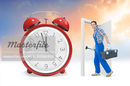 Plumber carrying plunger and tool box against alarm clock counting down to twelve
