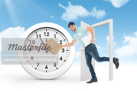 Happy delivery man running with package against countdown to midnight on clock
