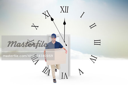 Delivery man with cardboard box running on white background against opening door in sky