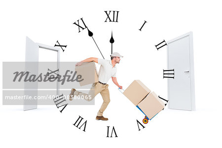 Delivery man with trolley of boxes running against closed and open doors