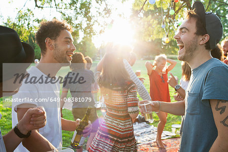 Group of adult friends chatting at party in park at sunset