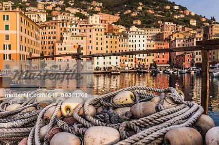 Fishing nets and harbour, Camogli, Liguria,  Italy