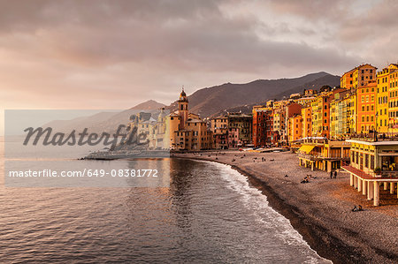 Elevated view of beach and hotels, Camogli, Liguria,  Italy