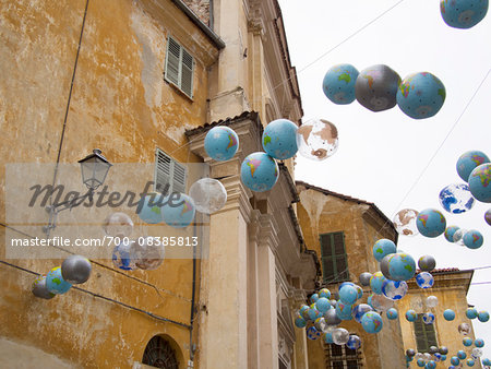 Globe Balloons hanging over Streets, Mondovi, Piedmont, Italy