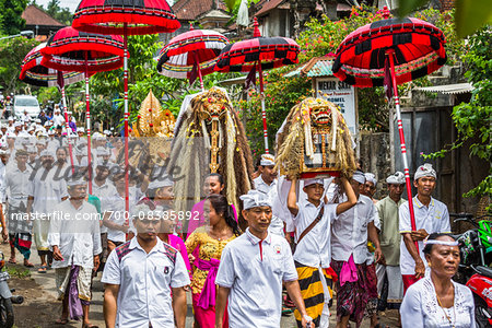 People carrying sacred Barongs in a parade at a temple festival in Petulu Village, near Ubud, Bali, Indonesia