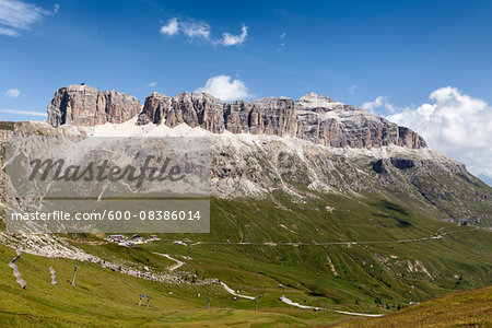 Scenic view of the Sella Group from the famous path, Viel dal Pan, Dolomites, Trentino Alto Adige, Italy