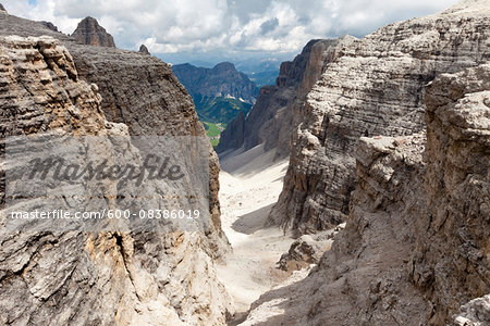 Scenic view of the wild Val Mesdi (Midday Valley) in the Sella Group, Dolomites, Trentino Alto Adige, Italy