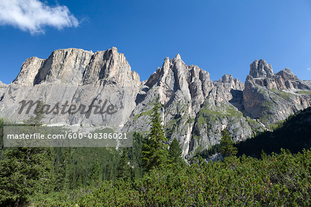 Scenic view of mountains with rocky towers at the beginning of the Lastes valley, a wild and uncrowded place into the heart of the massif of Sella, Dolomites, Trentino Alto Adige, Italy