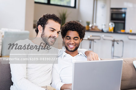 Happy gay couple using laptop