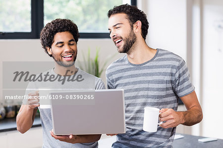 Happy gay couple using laptop and holding cups