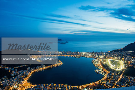 High angle view of Rodrigo de Freitas Lagoon illuminated at night, Rio de Janeiro, Brazil