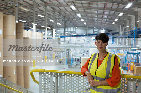 Portrait confident worker on platform above factory