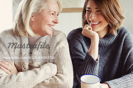 Laughing mother and daughter in sweaters drinking coffee Laughing mother and daughter in sweaters drinking coffee