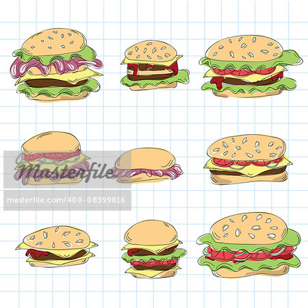 Fast food hamburger doodle set - vector illustration