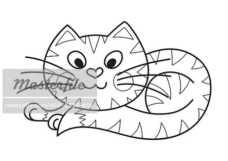 Cartoon plump kitty, vector illustration of funny cute striped cat with kind muzzle, cat smiling and lying comfortably curtailed, coloring book page for children