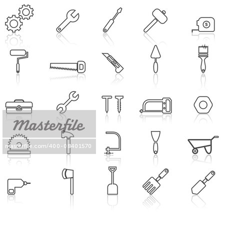 Tool line icons with reflect on white, stock vector