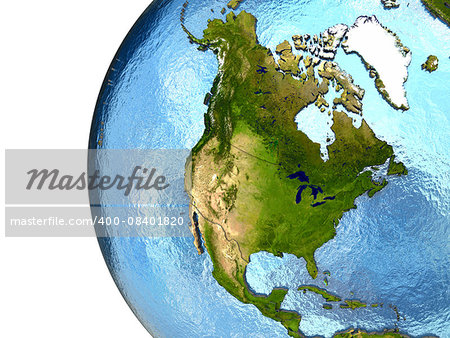 North America on highly detailed planet Earth with embossed continents and country borders. Elements of this image furnished by NASA.