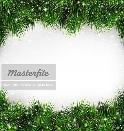 Shiny Green Christmas Tree Pine Branches Like Frame with Snowfall on White Background