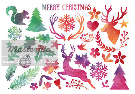 Watercolor Christmas, set of vector design elements
