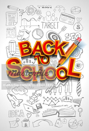 Back to School Background to use for advertiments, as book cover or related material presentation. Pencil, computers, scratchboard, rubbers and a lot of elements are included.
