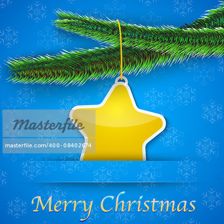 Holiday gift card with Christmas tree and a yellow star hanging on snowflake background. Merry Christmas background. Vector illustration