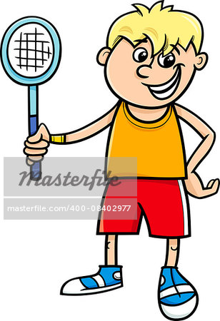 Cartoon Illustration of Cute Boy with Tennis Racket