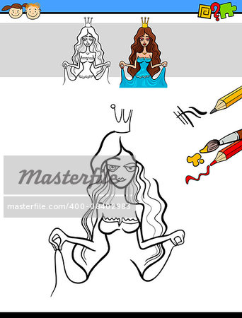 Cartoon Illustration of Drawing and Coloring Educational Task for Preschool Children with Beautiful Princess or Queen Fantasy Character